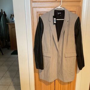 DKNY Mixed Media Faux Leather Sleeve Jacket in City Khaki/Black